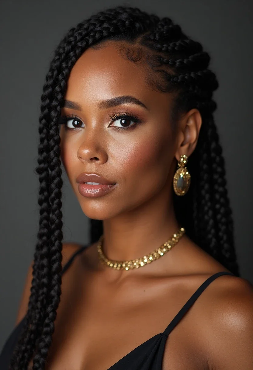 Alicia Keys in side swept braids.