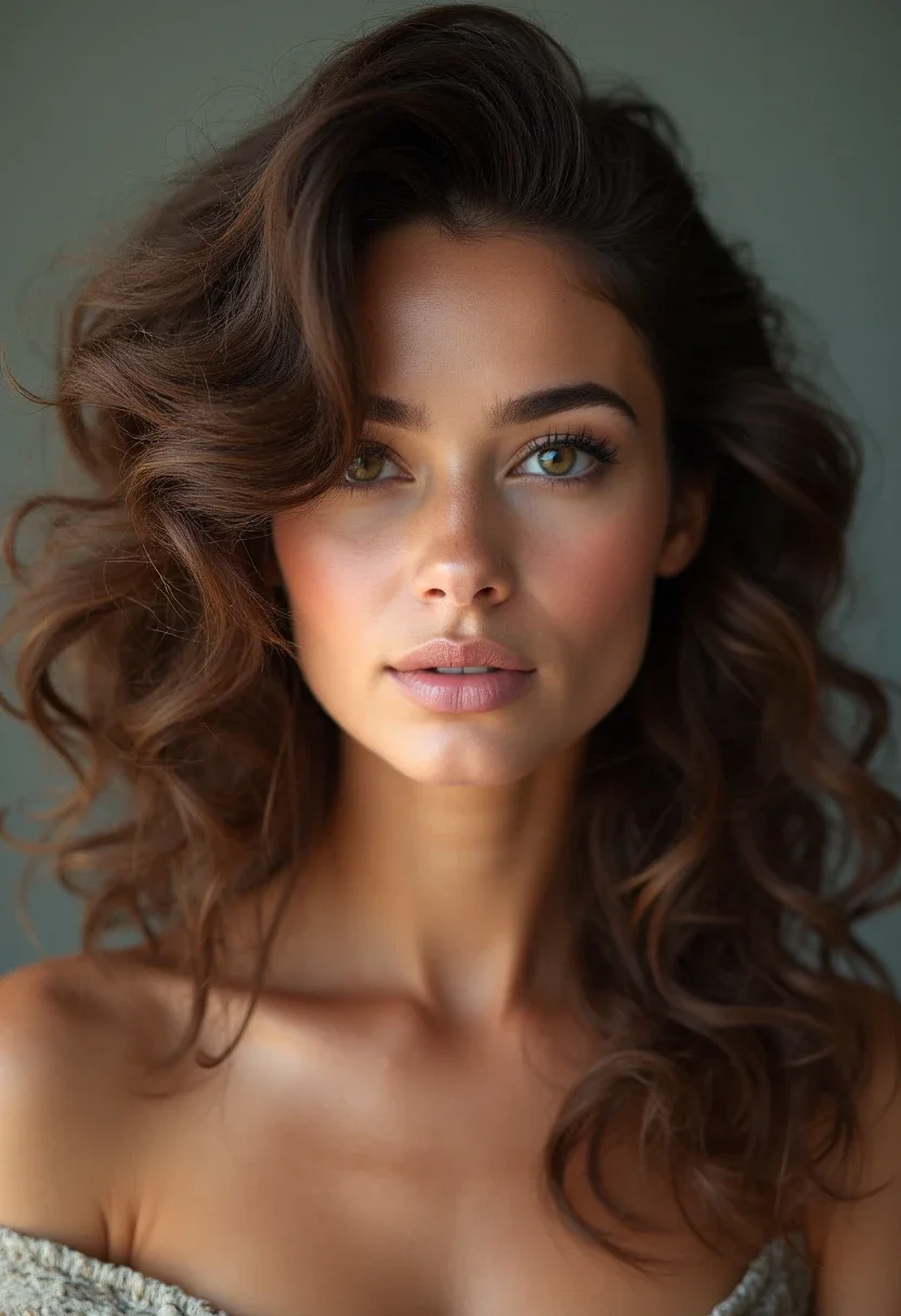 Woman with side swept curls hairstyle.