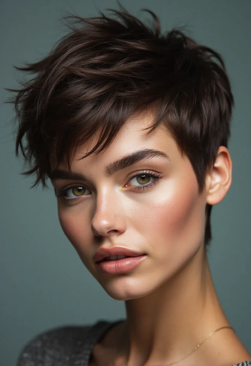 Woman with a textured pixie cut hairstyle.