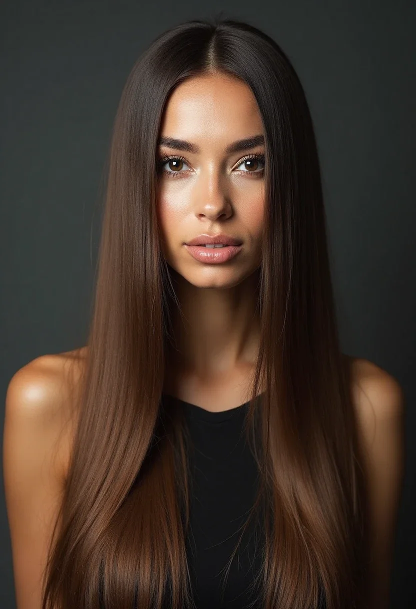 Woman with sleek straight hair.