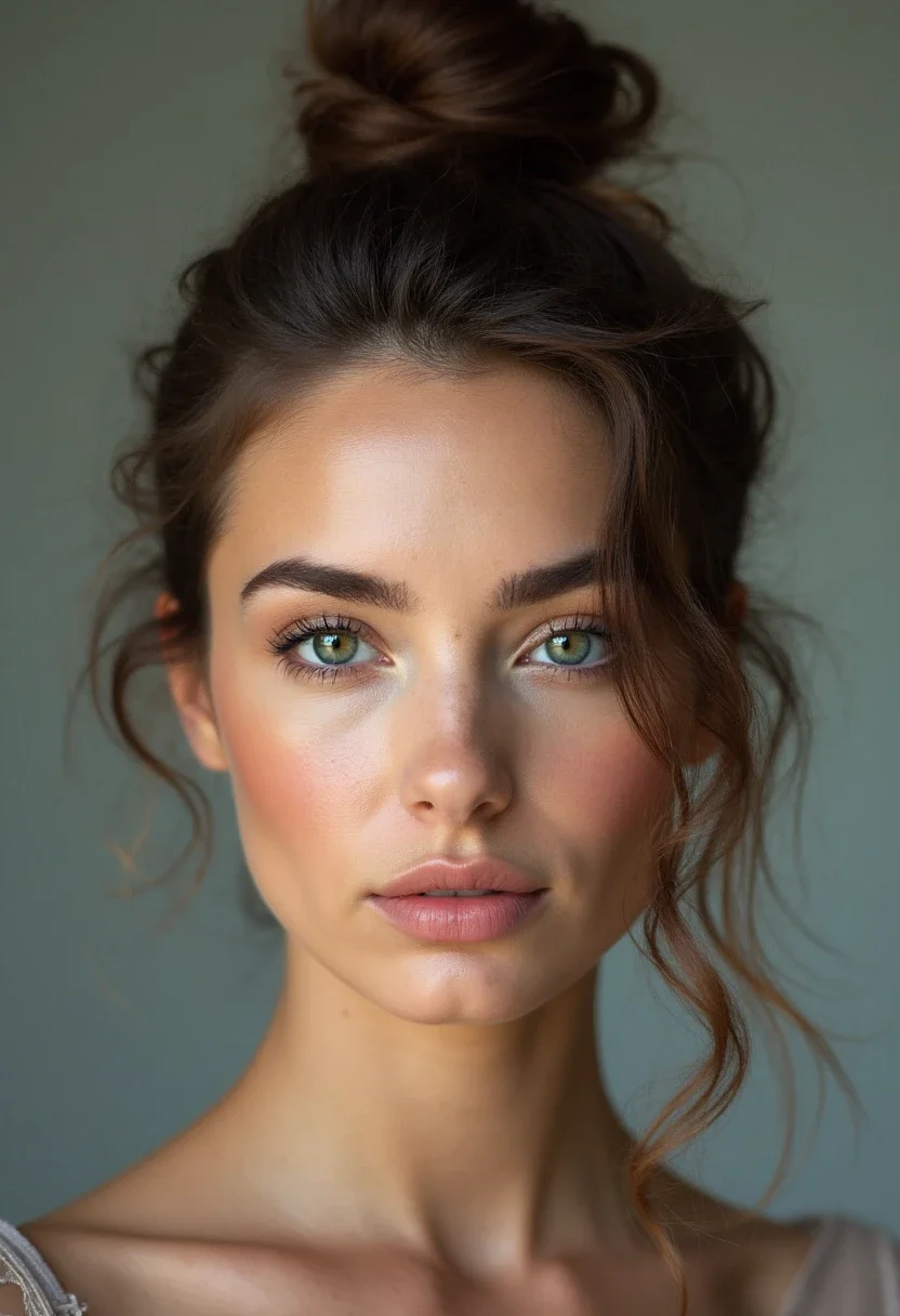 Woman with a messy bun hairstyle.