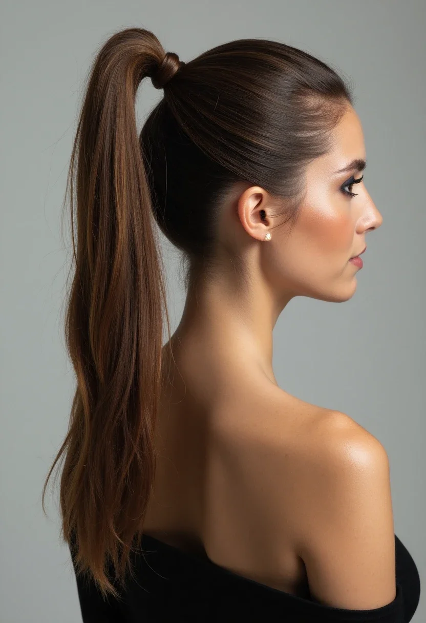 Woman with a sleek ponytail and wrapped hair base.