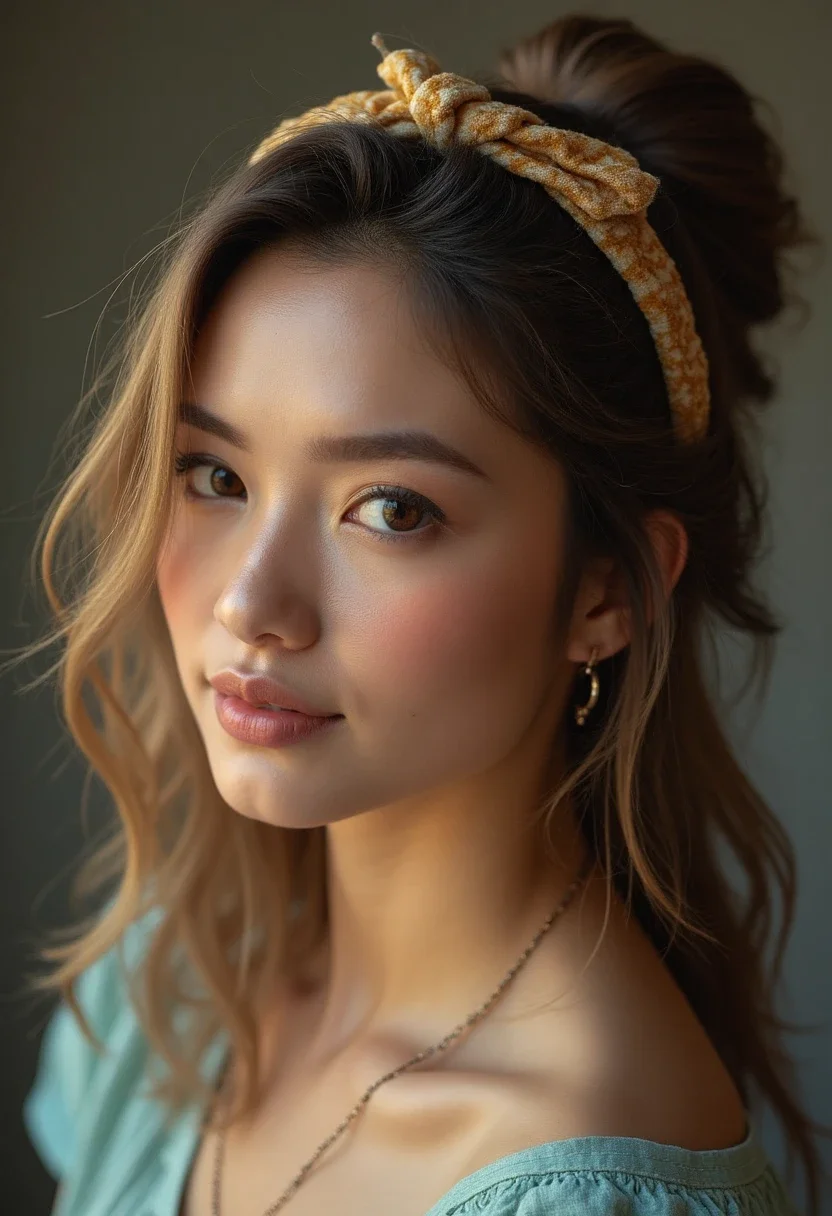 Woman with a headband tuck hairstyle.