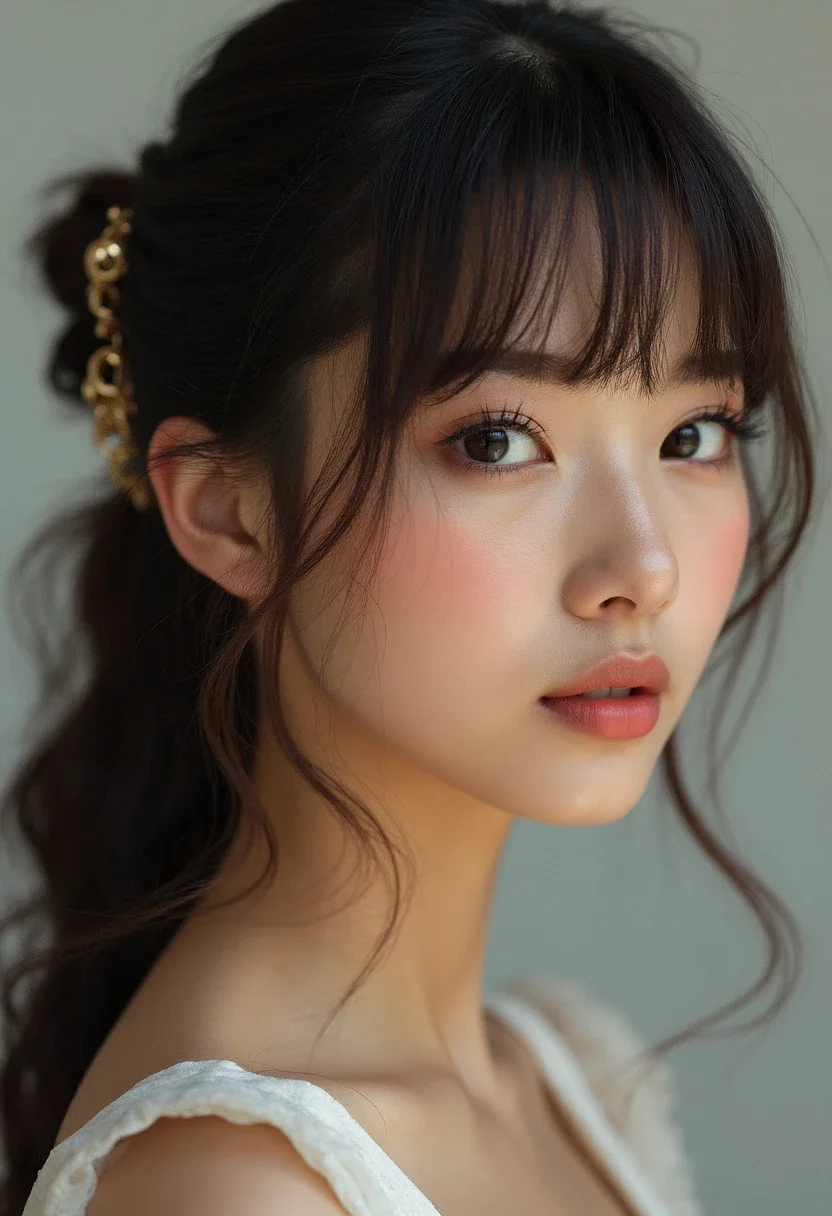 Woman with pinned back bangs.