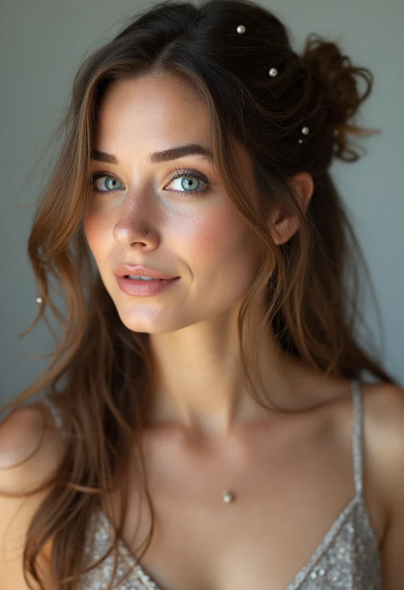 Woman with a casual side sweep hairstyle.