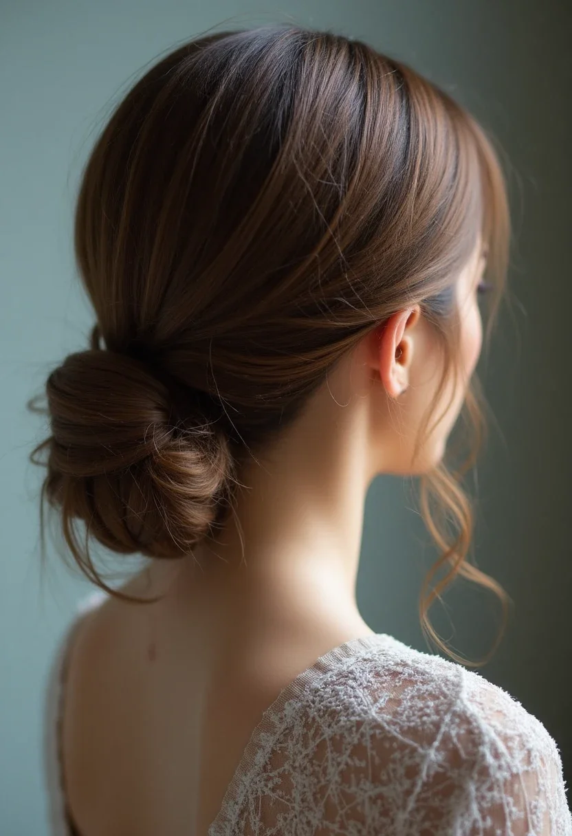 Woman with a sleek low bun at the nape.