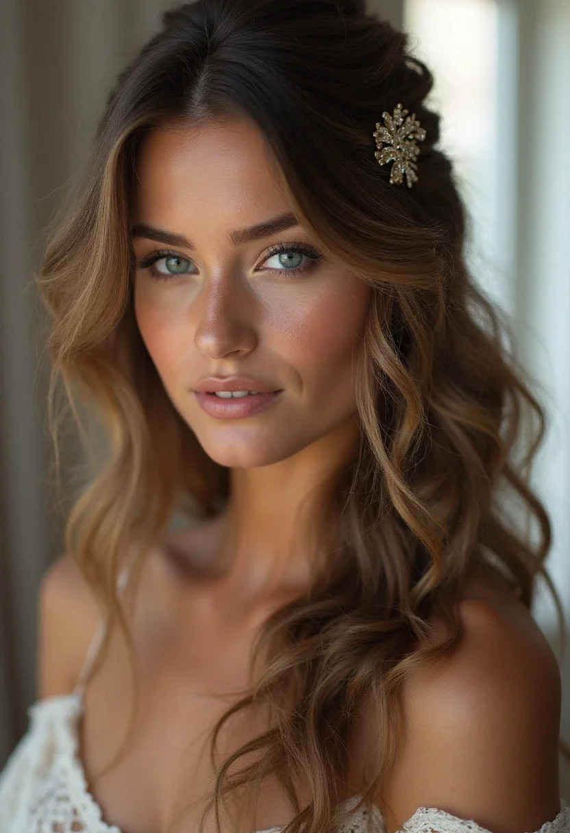 Woman with wavy hair in a half-up, half-down style.