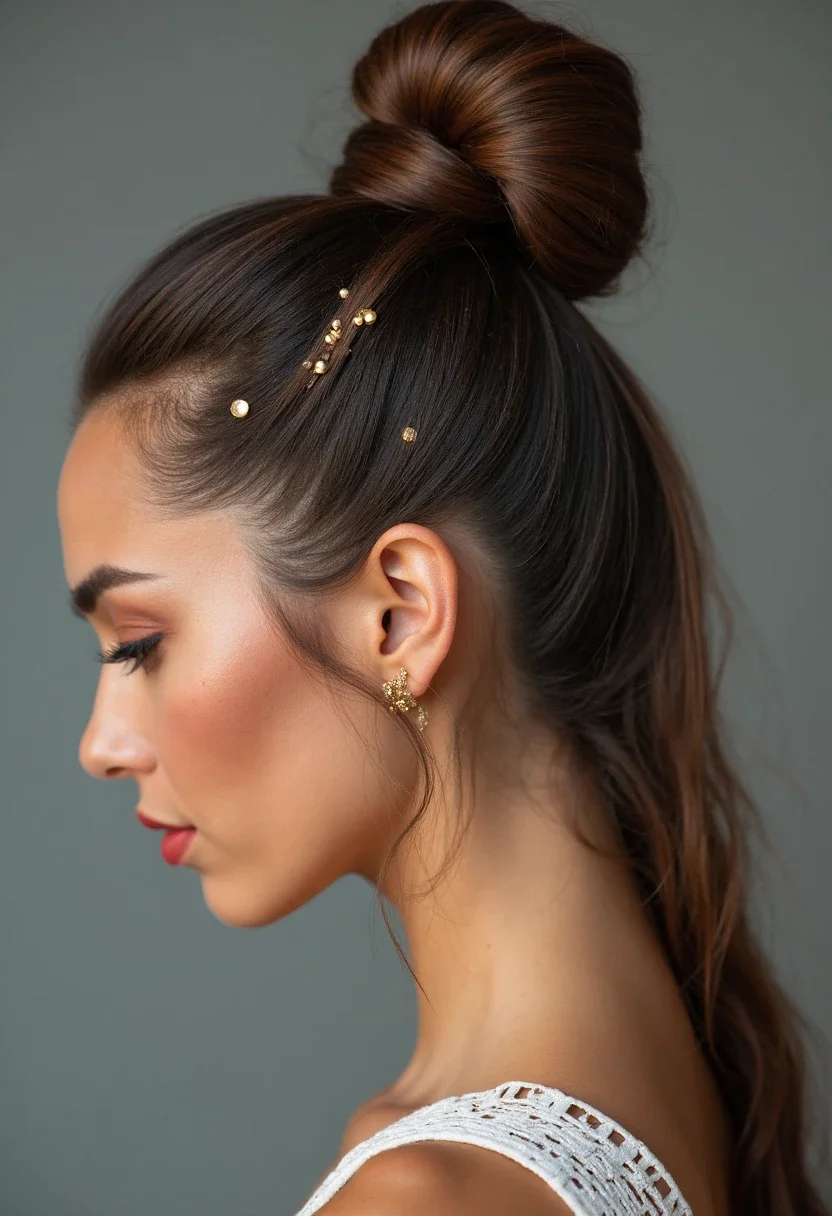 Woman with a chic top knot secured with bobby pins.