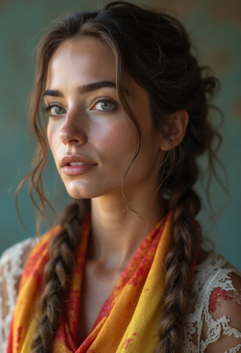 Woman with a scarf braid hairstyle.