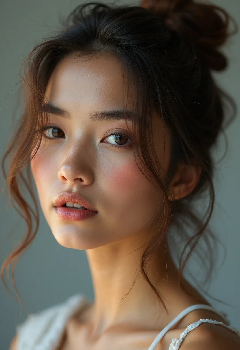 Woman with a messy bun hairstyle.