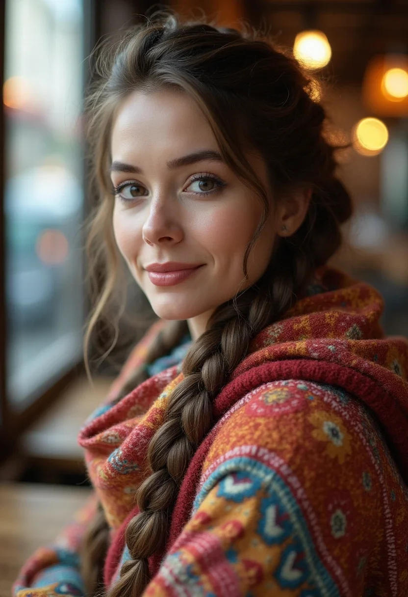 Half up with hair wrap hairstyle on a woman with braided hair.