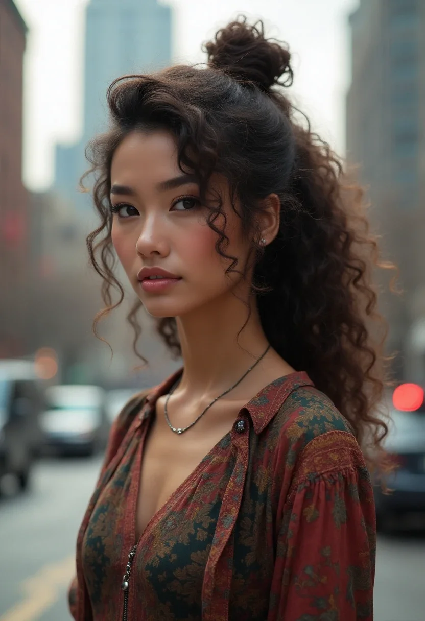 Half up top knot hairstyle on a woman with curly hair.