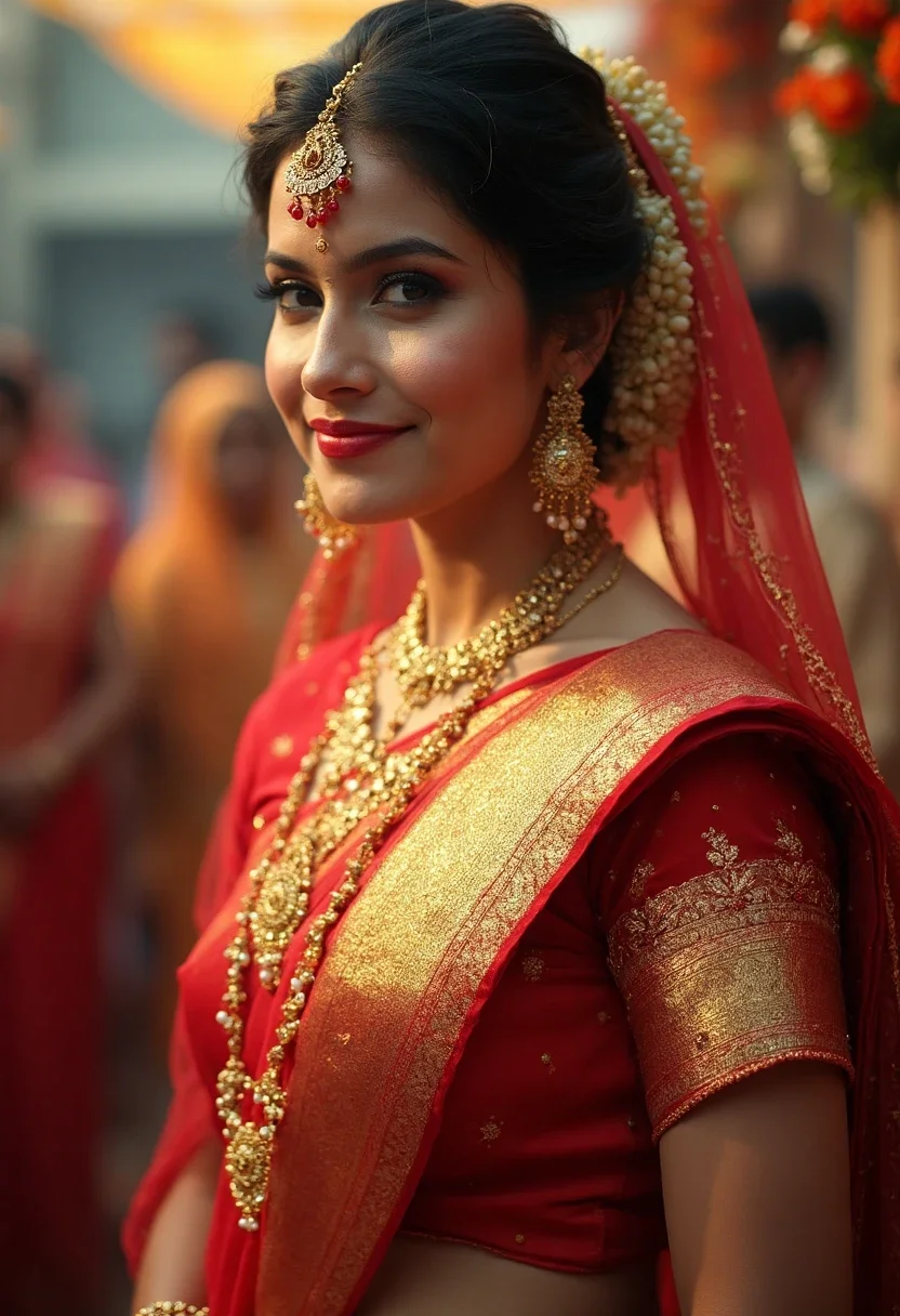 Woman in a saree with a gajra in her open hair.
