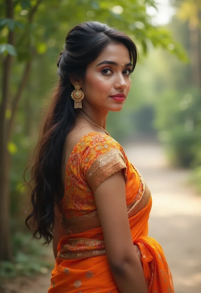 Woman in a saree with half-up, half-down open hair.