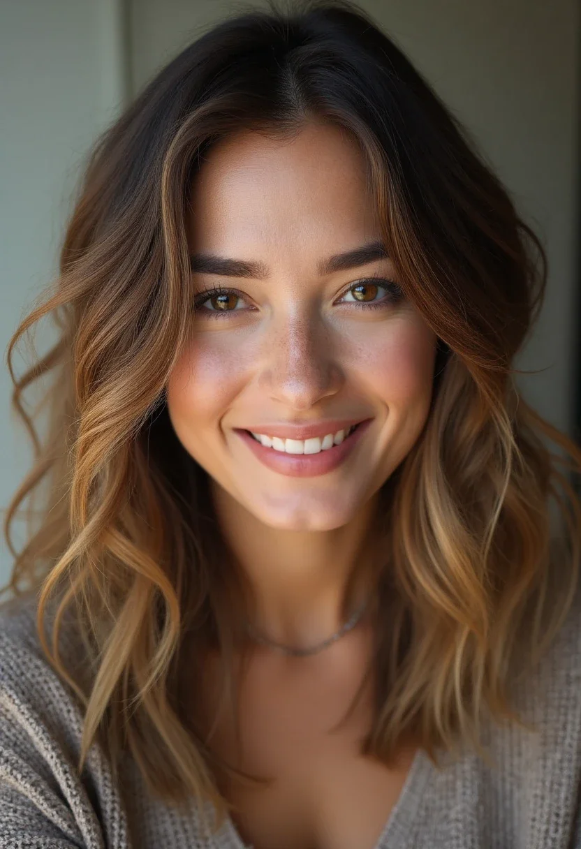 Woman with medium length textured waves hairstyle.
