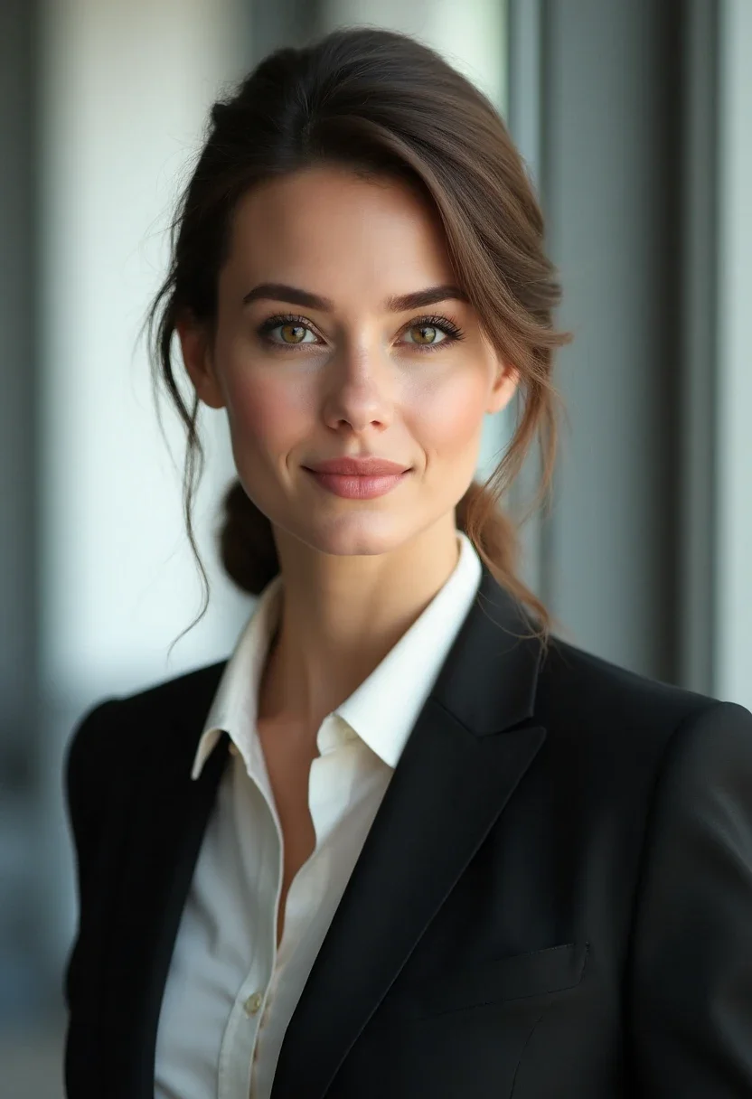 Woman with sleek low bun hairstyle.