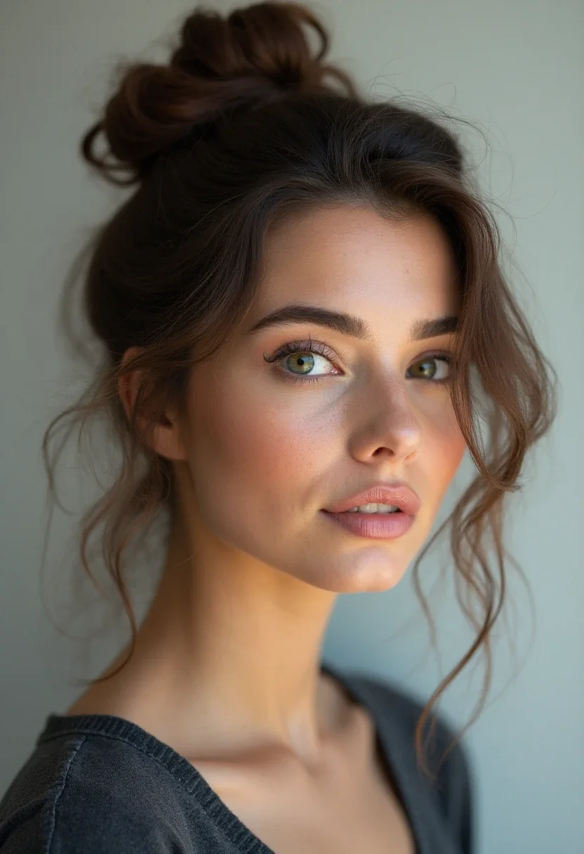 Woman with twisted half-updo hairstyle.