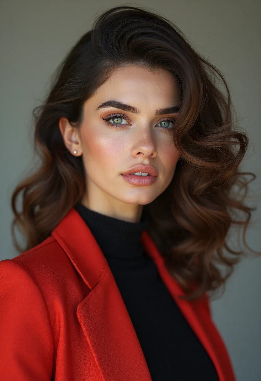 Woman with voluminous blowout hairstyle.