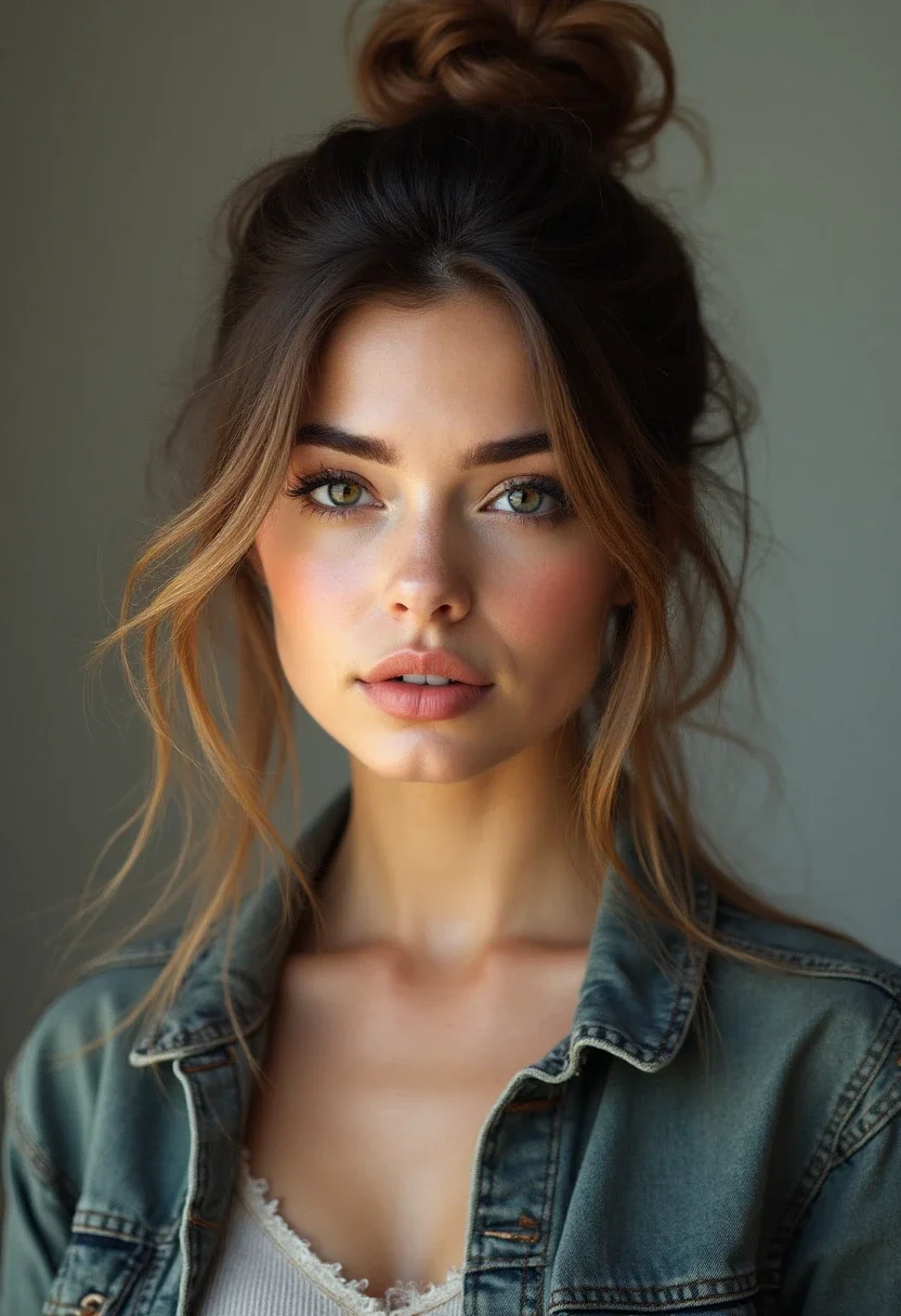 Woman with half-up top knot hairstyle.