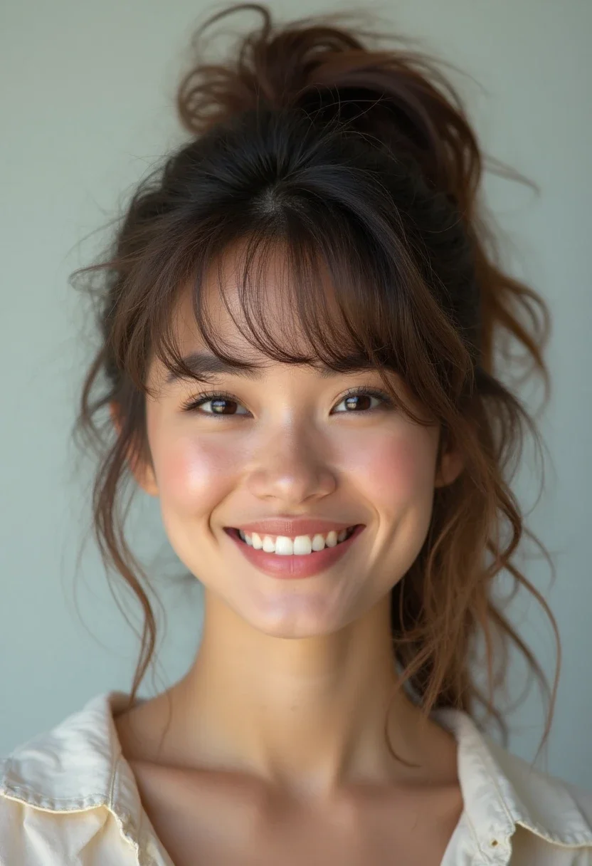 Woman with messy ponytail hairstyle.
