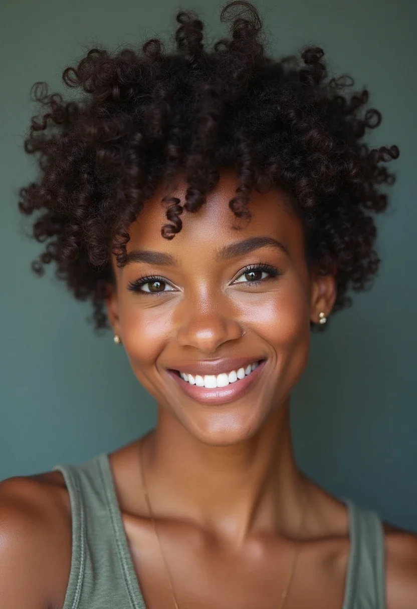 Woman with a short curly pixie cut smiling confidently.