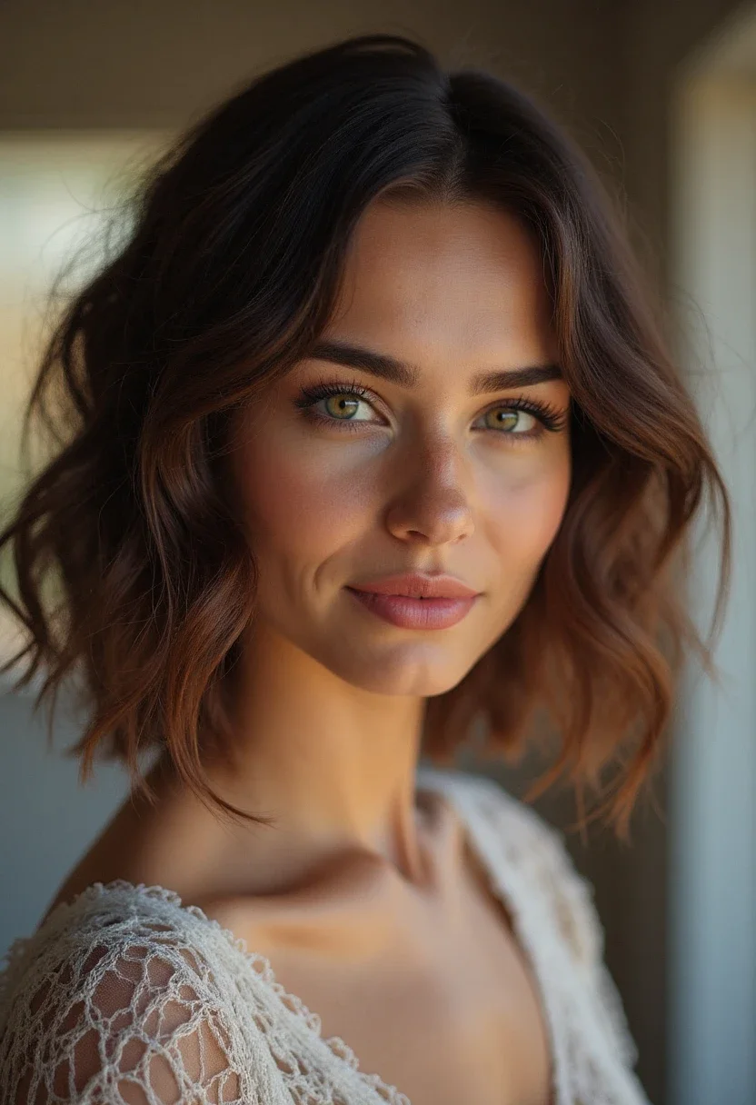 Close-up of a layered bob with soft curls.