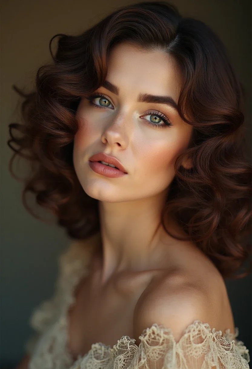 Woman with vintage curls, glamorous and soft.