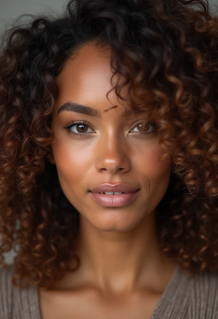 Woman with voluminous curls, lively and full.