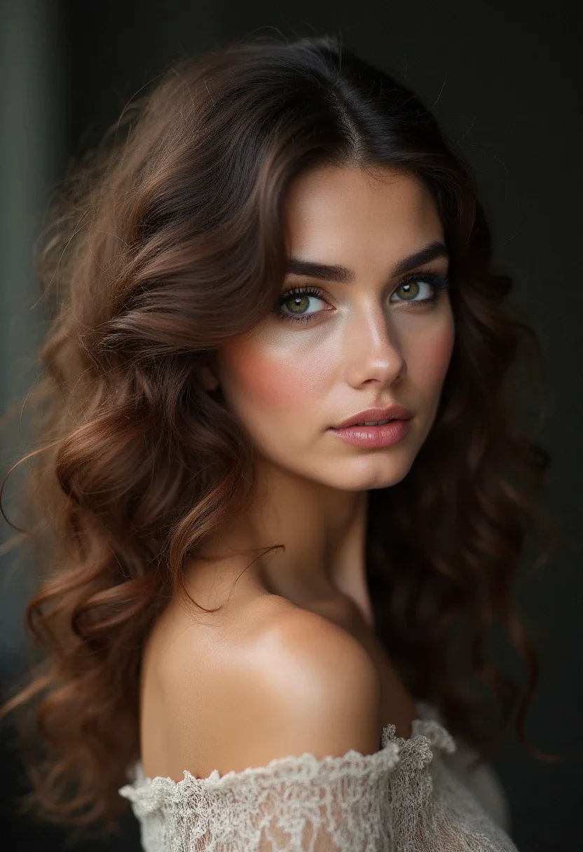Side-parted curls creating an elegant look.
