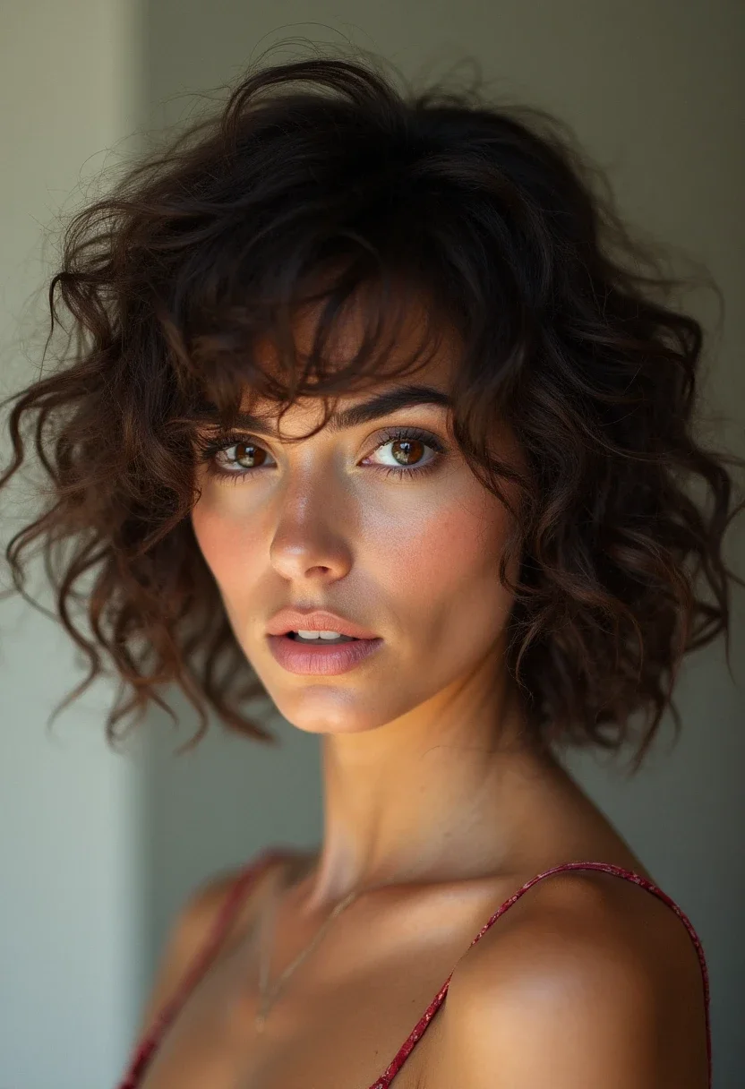 Messy curly bob with tousled, carefree curls.