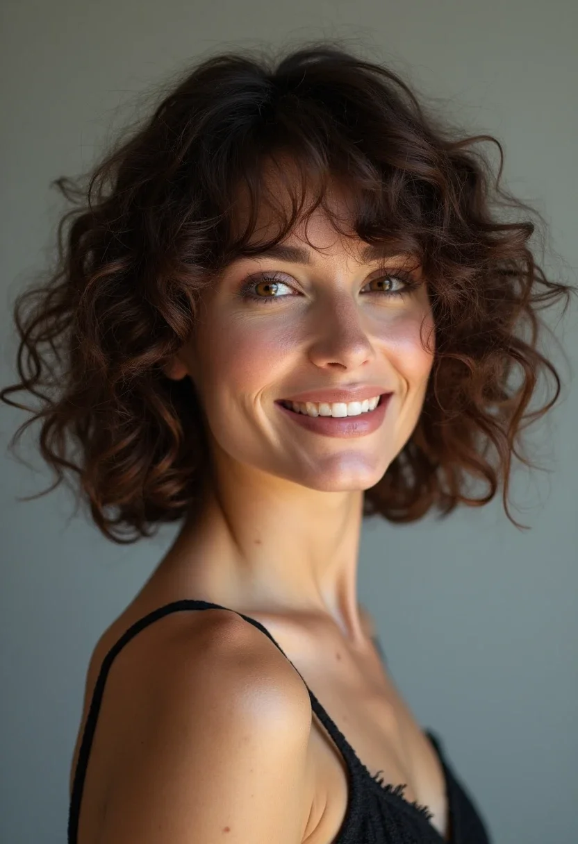 Woman with a curly lob hairstyle, curls resting above shoulders.
