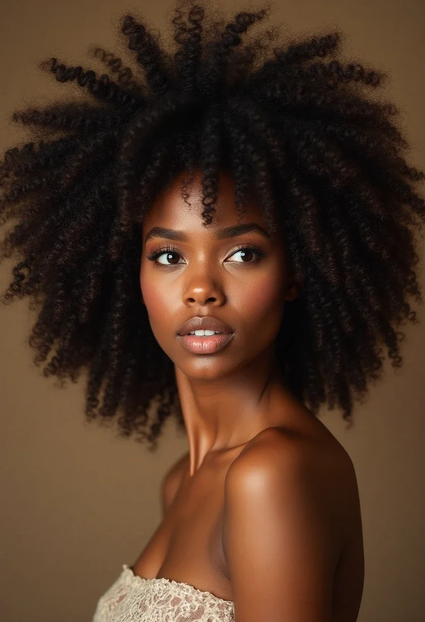 Woman with voluminous afro curls, confident expression.