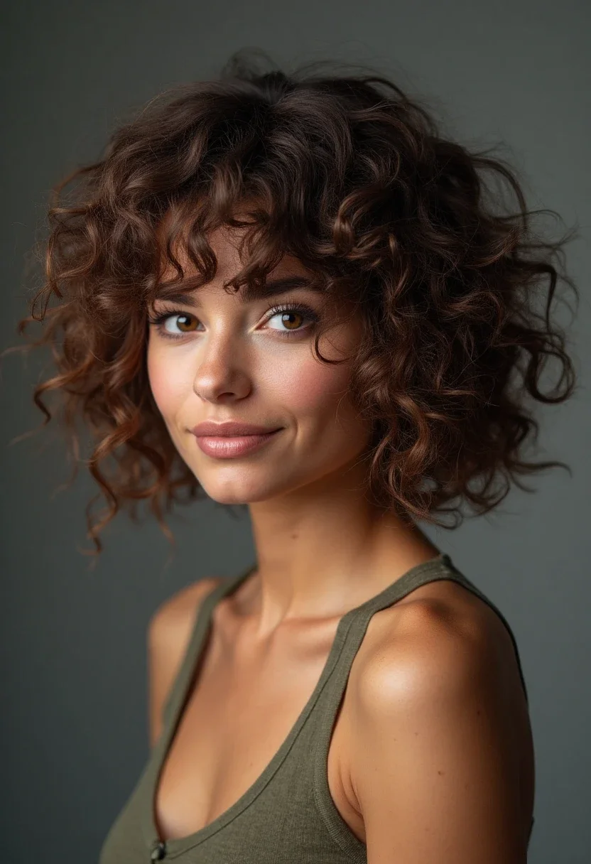 Curly shag hairstyle with layered curls and bangs.