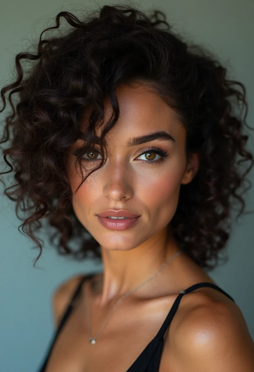 Woman with tapered curls, stylish length contrast.