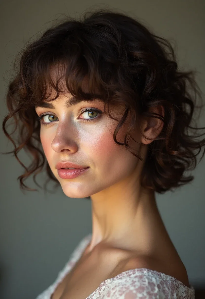 Woman with short curly hair and curly bangs.