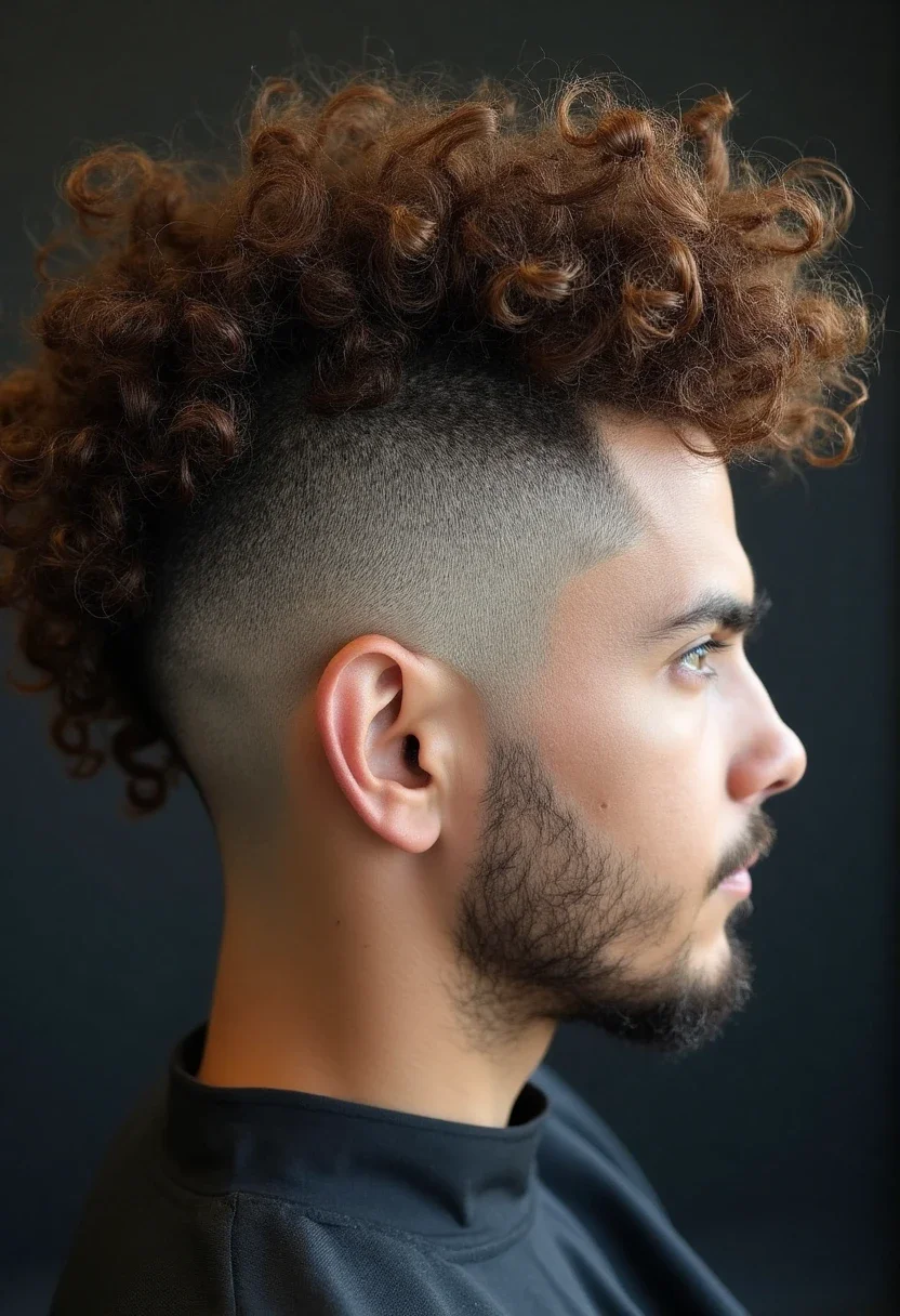 Curly mohawk with shaved sides and curly top.
