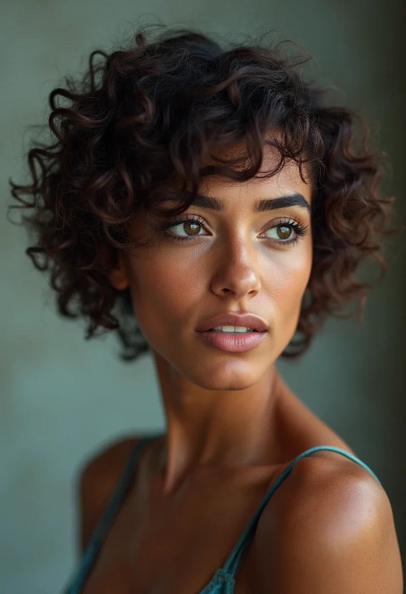 Woman with a textured crop, neat and tidy curls.