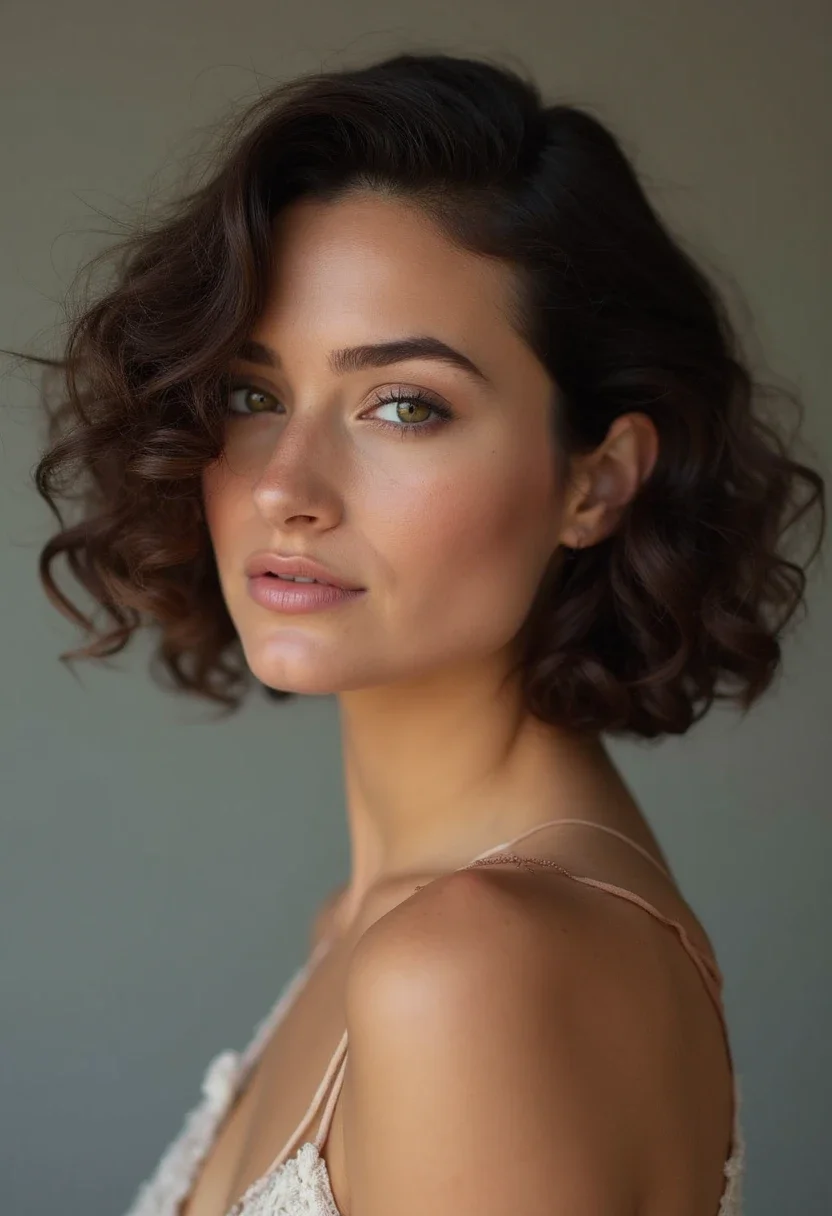 Woman with classic curly bob hairstyle, showcasing defined curls.
