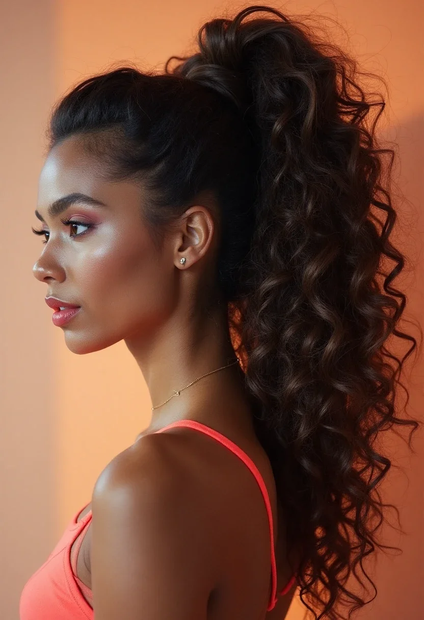 Voluminous curly ponytail hairstyle with cascading curls.