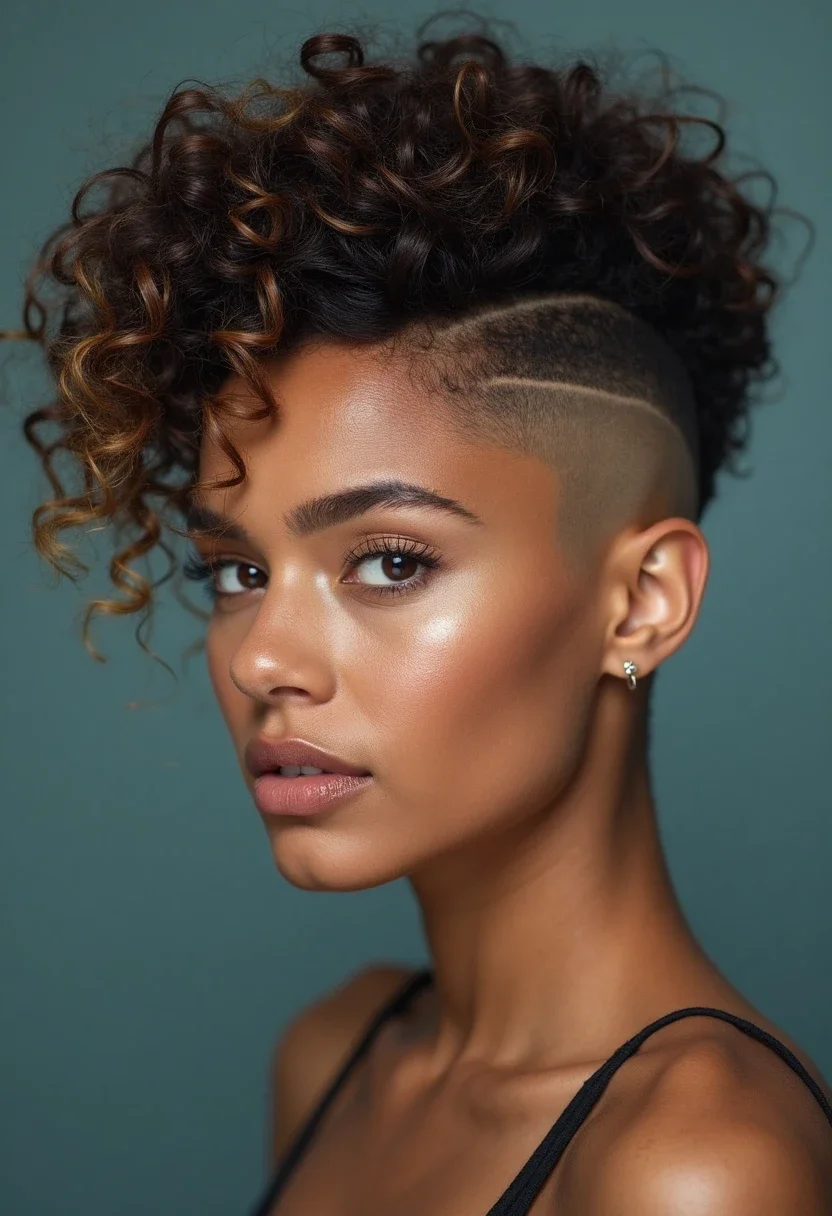 Curly mohawk hairstyle with shaved sides and defined curls.