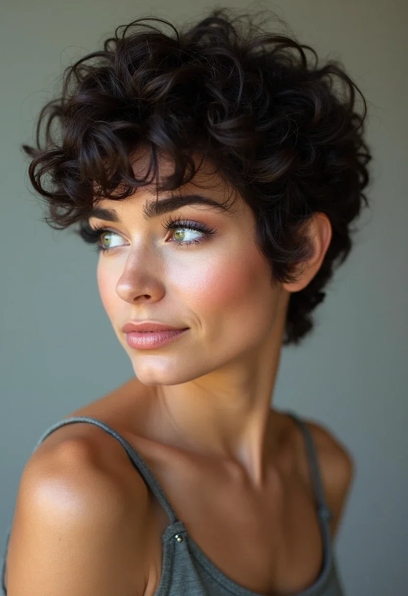 Curly pixie cut hairstyle, featuring short layers and volume.
