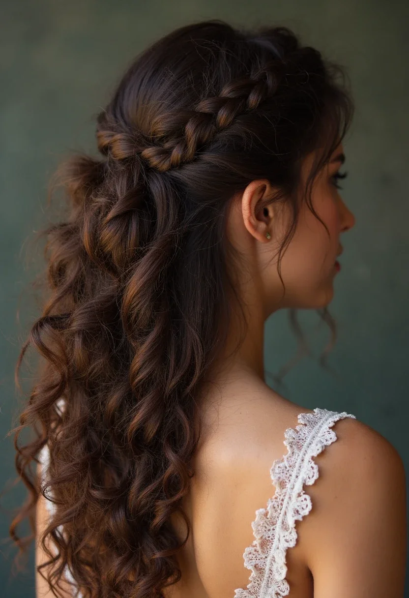 Waterfall braid with curls hairstyle, offering a romantic and elegant look.