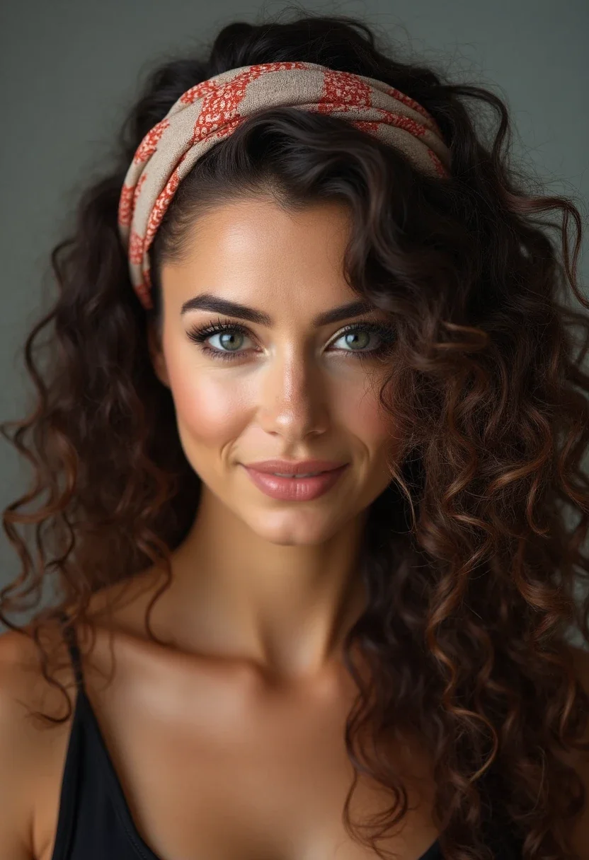 Curly hair with headband, offering a simple and elegant look.