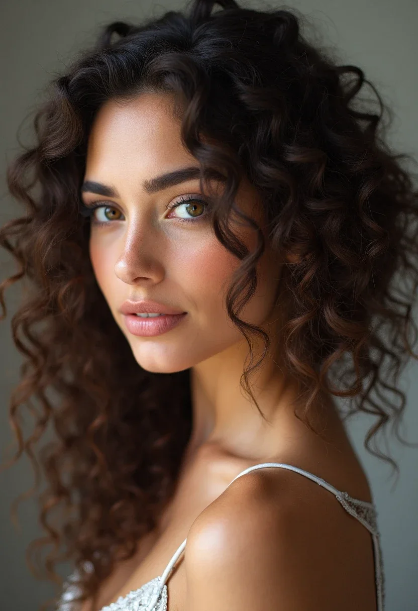 Half-up curly bun hairstyle with loose curls.