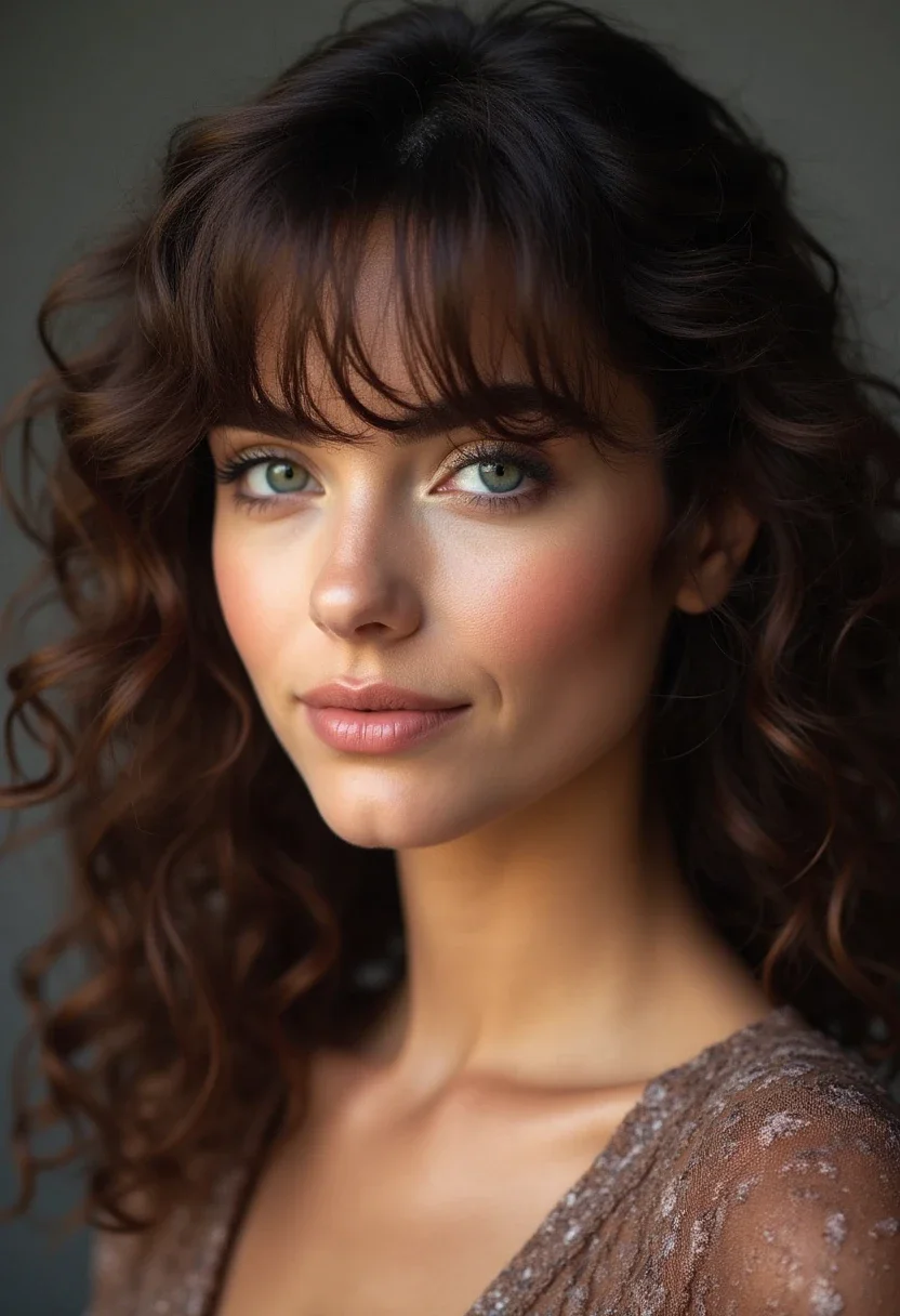 Curly hair with bangs, offering a bold and stylish look.