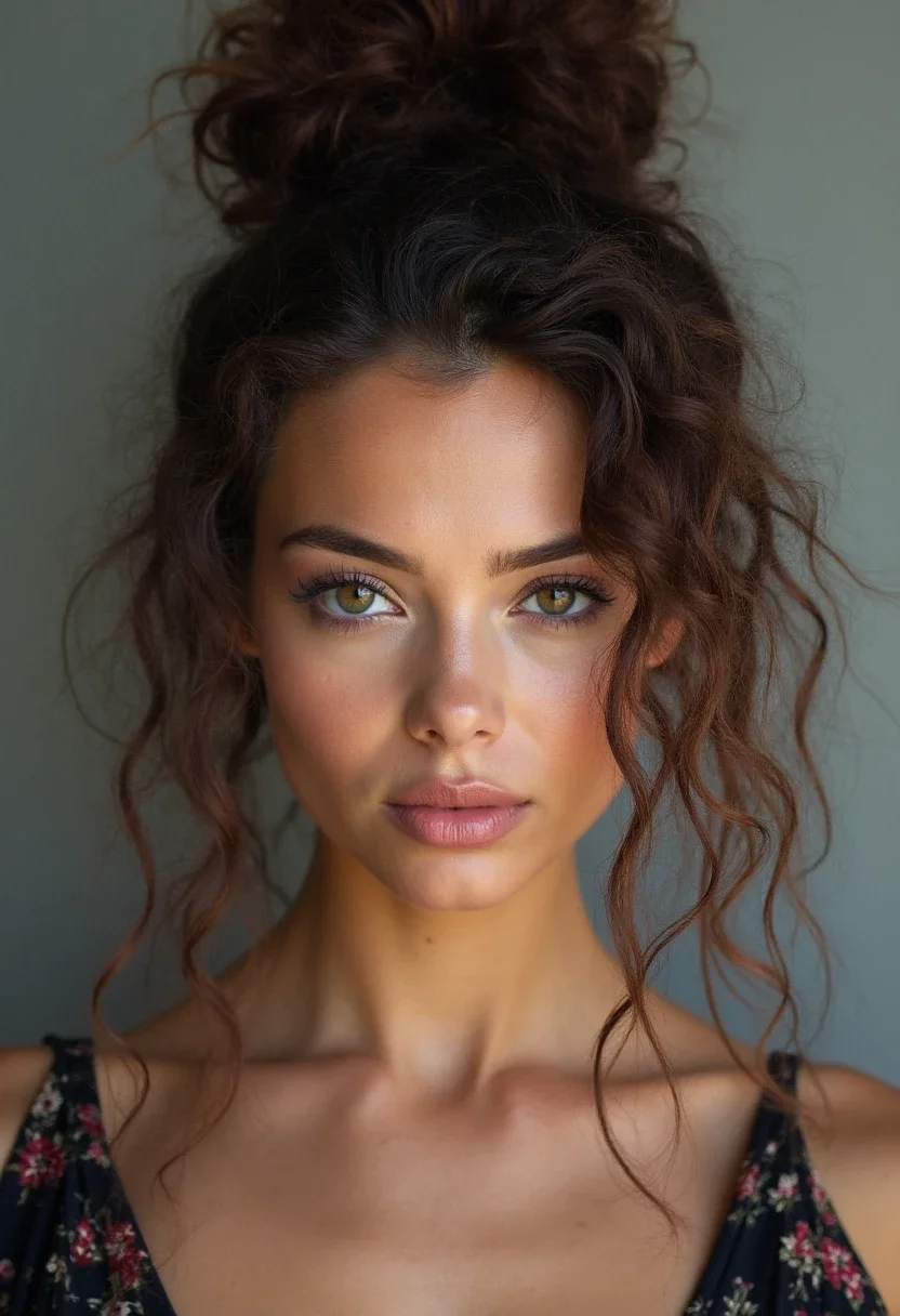 Curly top knot hairstyle with loose framing curls.