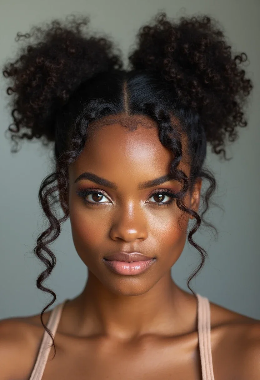 Curly space buns hairstyle, offering a playful and trendy look.