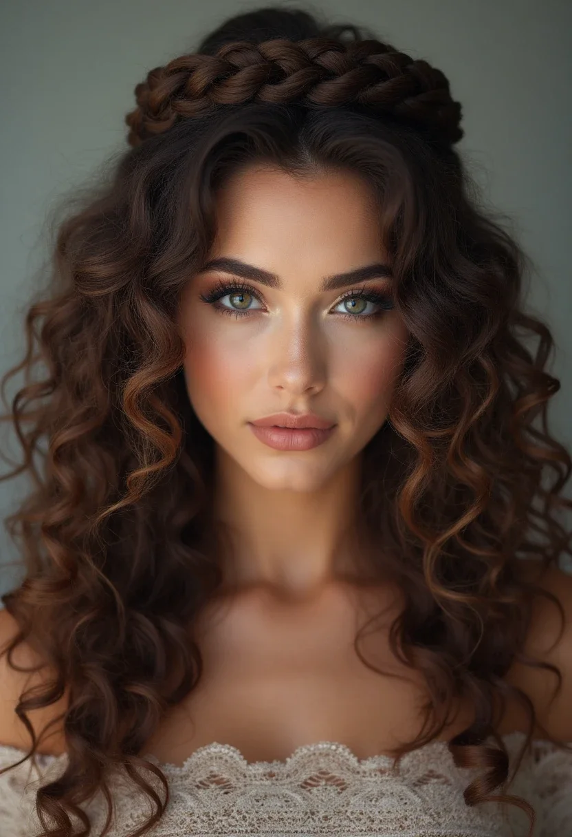 Curly hair with a braided crown, offering an elegant and sophisticated look.