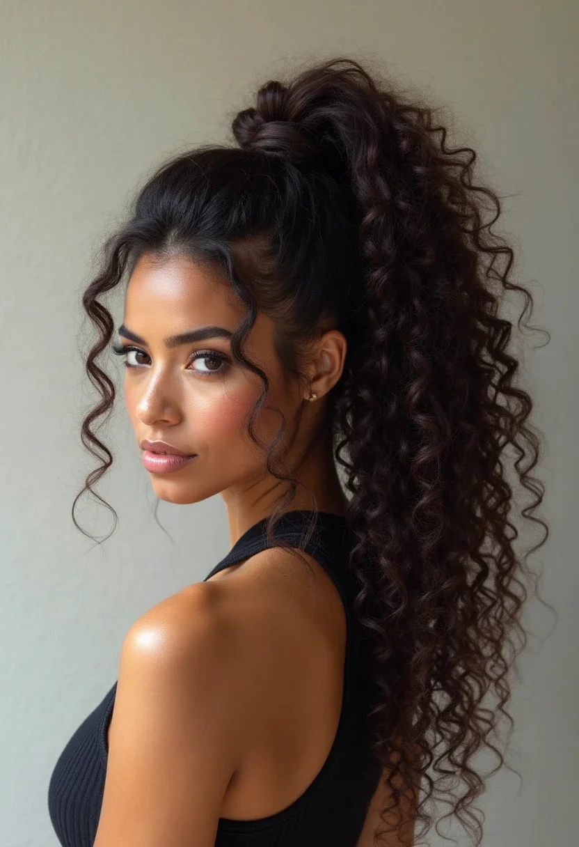 Curly high ponytail with sleek base