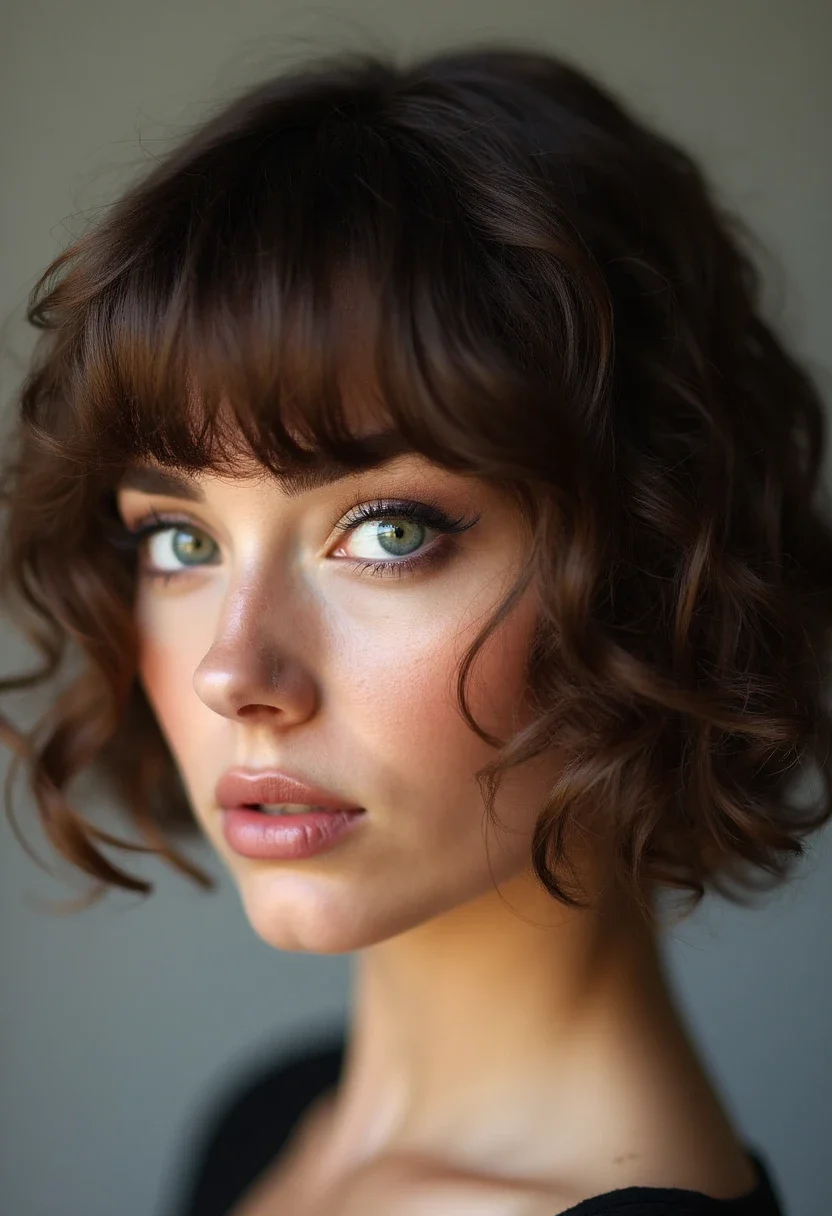 Woman with curly bob and fringes hairstyle